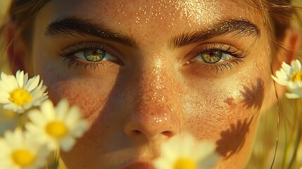 A woman with freckles and daisy flowers is shown