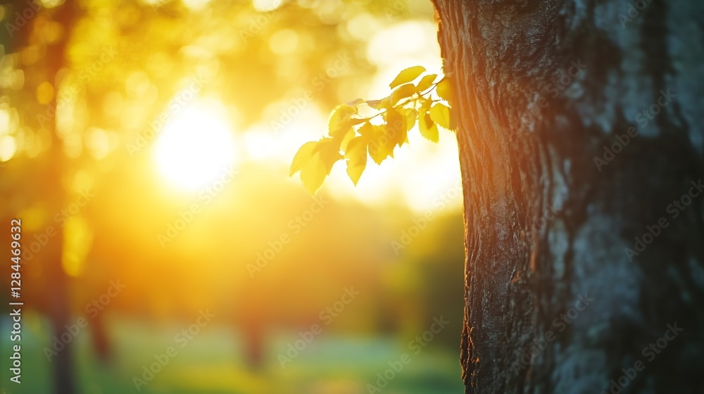 Aufkleber Sunlight Filtering Through Leaves on a Tree with Vibrant Greenery in Background : Generative AI