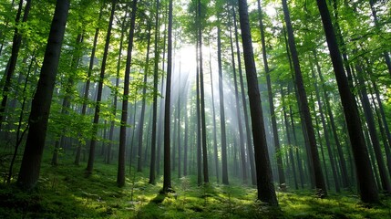 A tranquil forest scene illuminated by soft sunlight filtering through tall trees in a serene environment : Generative AI