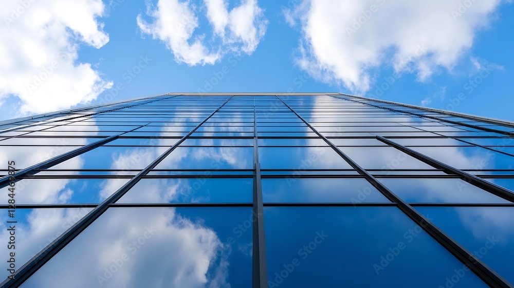 Aufkleber modern glass building reflecting clouds and blue sky from a unique lowangle perspective : generative