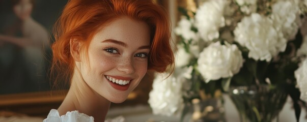 Naklejka premium Caucasian female young adult with red hair smiling near white flowers indoors