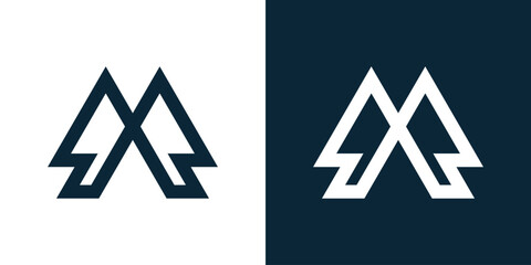 Mountain and pine tree inspiration logo line art, M letter logo with mountains.