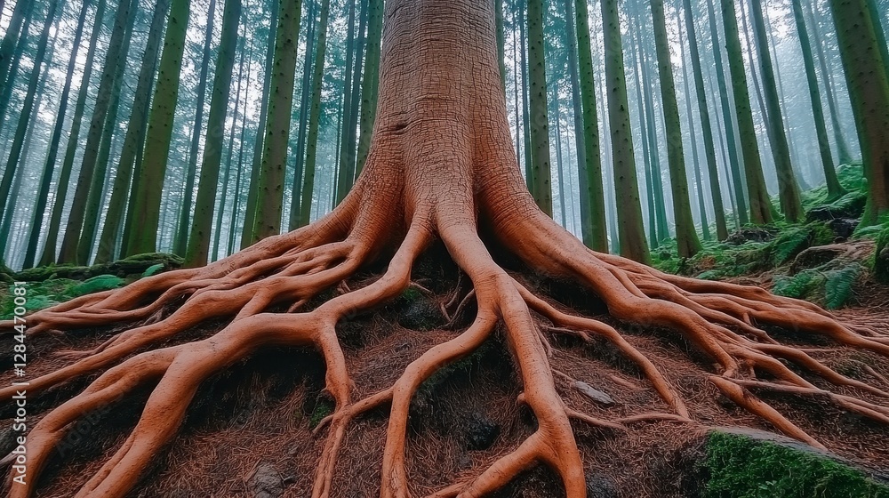 Poster large tree roots in dense forest with overcast lighting and dense canopy of tall trees