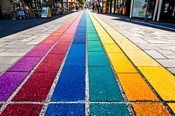 Vibrant pedestrian walkway in London featuring colorful patterns, modern urban design, and lively atmosphere