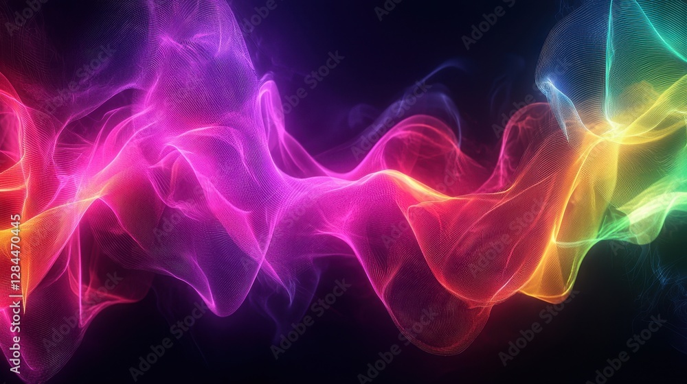 Poster vivid colors intertwine and flow smoothly, creating an energetic abstract wave pattern that illumina
