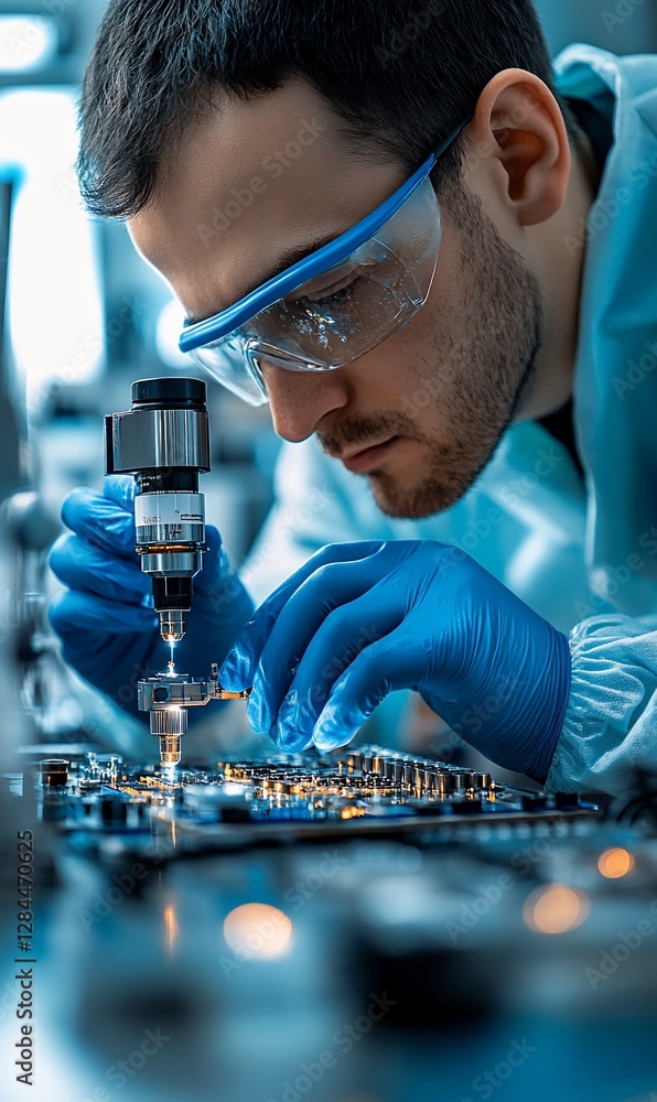Poster focused engineer works on circuit board in lab