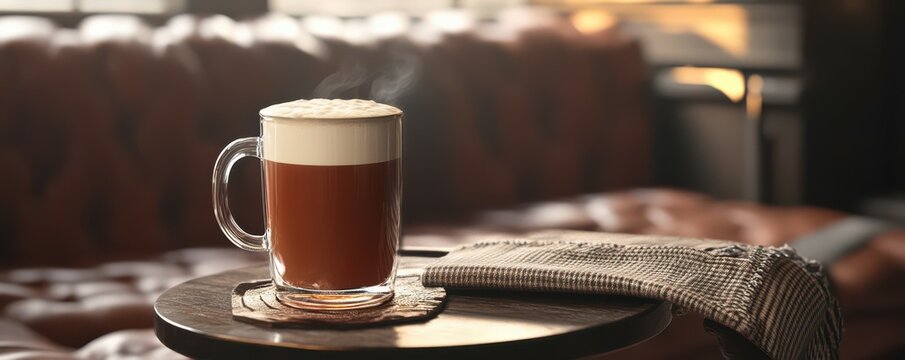 Warm latte in glass mug on cozy table with checkered cloth in rustic cafe setting