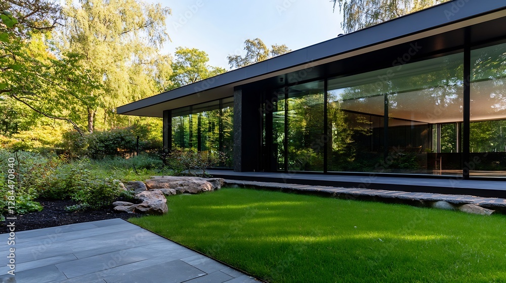 Poster modern architectural design of a sleek house integrated with nature and greenery : generative ai