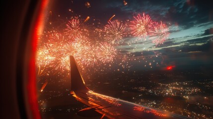 Bright fireworks burst in vibrant colors against the darkening sky as seen from an airplane window. This spectacular display coincides with a celebration, enhancing the aerial view