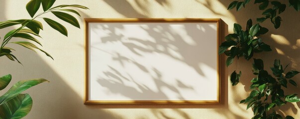 Wooden frame with plant shadows on sunlit wall