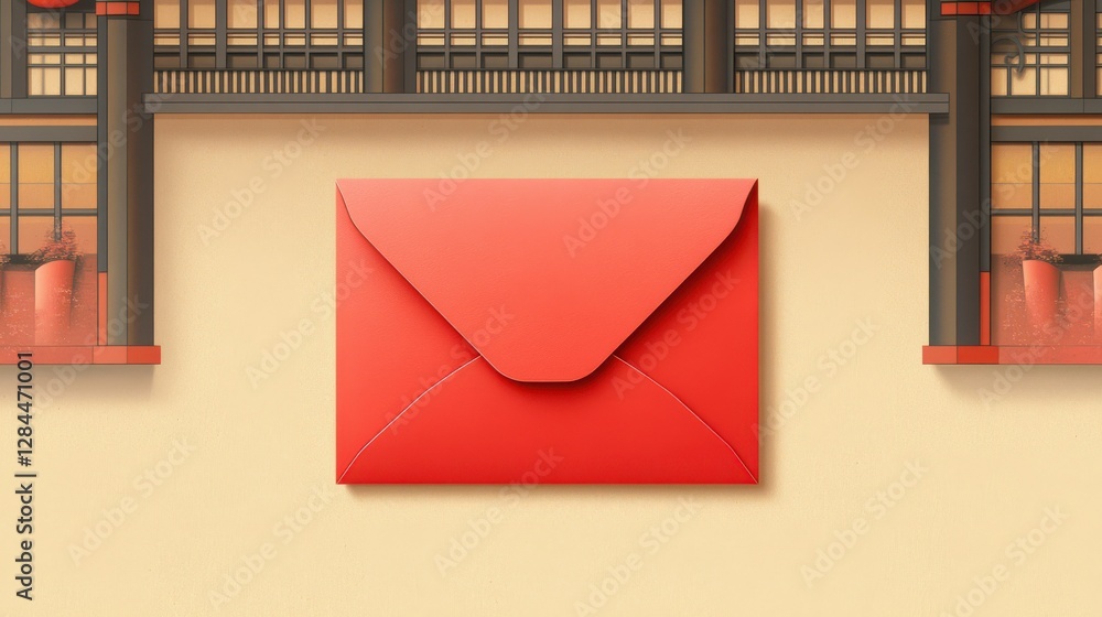 Poster red envelope on minimalist architectural background with geometric elements