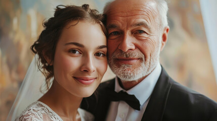 portrait of a happy father and daughter, a beautiful bride in a wedding dress and her father in a tuxedo, wedding ceremony, tradition, going down the aisle