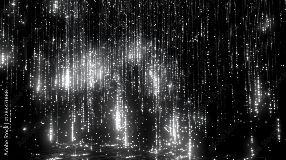 Poster strings of bright lights cascade down in a dark environment, creating a captivating visual experienc