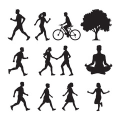 A pure black vector silhouette composition on a pure white background depicting various lifestyle