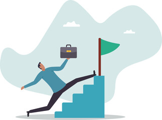 Shortcut or advancement in career development or work to achieve target, skip step to reach goal or beginner mistake by try hard way to success.business concept.flat character.