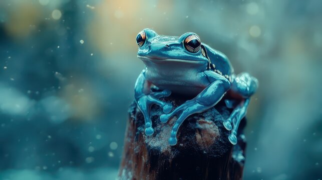 Close-up of a vibrant blue frog perched on a log in a misty forest setting