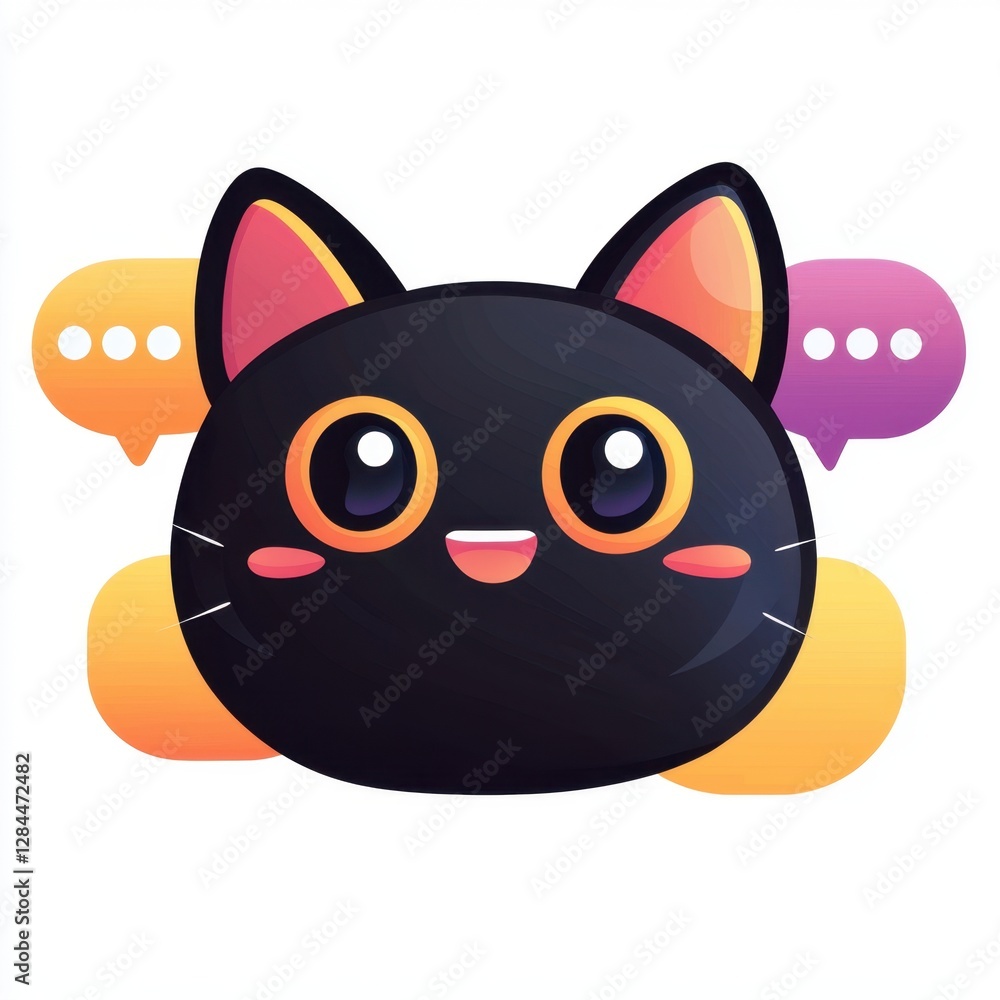 Poster a playful black cat character features large, expressive eyes and a smiling mouth. it is set against