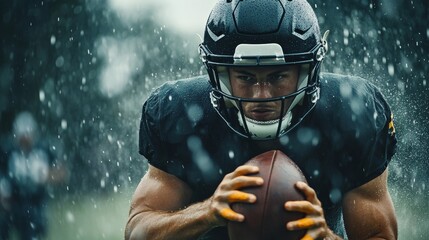 Quarterback training with focus on passing drills in rain. Featuring adaptability and precision