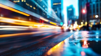 Naklejka premium Dynamic cityscape with vibrant light trails showcasing the hustle of urban life at dusk : Generative AI