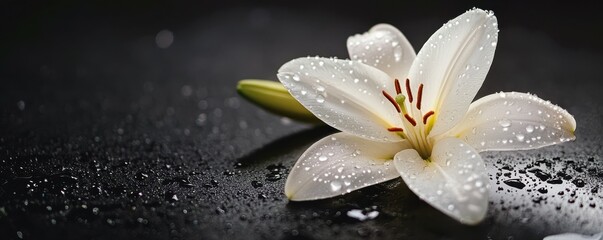 Elegant white lily with dew drops on dark surface