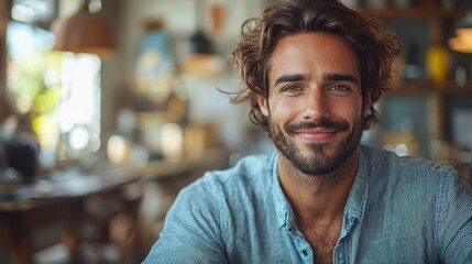Obraz premium Smiling man in casual shirt sitting at a cozy cafe, enjoying a relaxed afternoon with warm lighting and inviting atmosphere