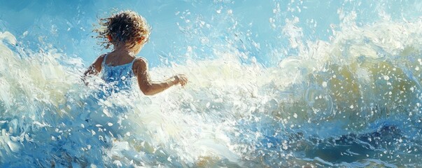 Young caucasian child playing in ocean waves, surrounded by splashes and sunlight