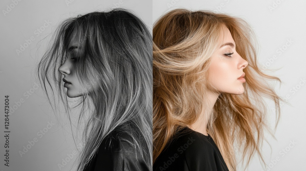 Poster Transformation from unkempt to stylish hair captured side by side in this striking comparison of two looks. Generative AI