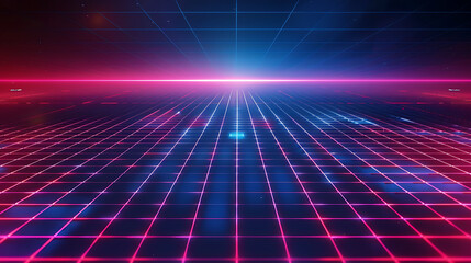 Futuristic neon grid with dynamic depth and glowing digital elements