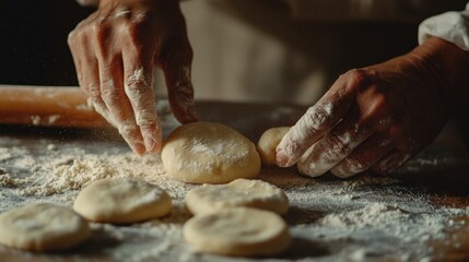Crafting fresh dough with hands coated in flour, the baker gently shapes pieces on a wooden table in a warm kitchen filled with sunlight