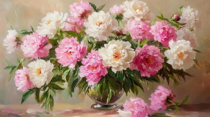 Vibrant pink and white peonies in glass vase - lush floral oil painting