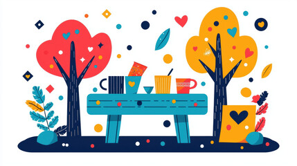 September, A couple enjoys a picnic in September, illustrated with high fidelity in a flat design style.
