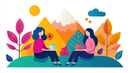 September, A couple enjoying a September picnic in a flat illustration style, high fidelity version 4.3x.