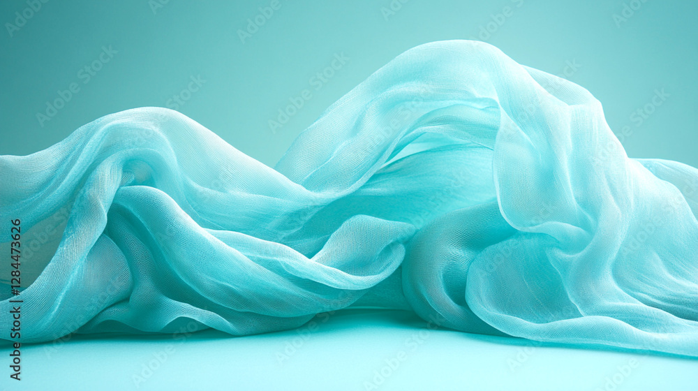 Poster flowing turquoise fabric with soft folds and waves, creating an elegant and airy texture against a m