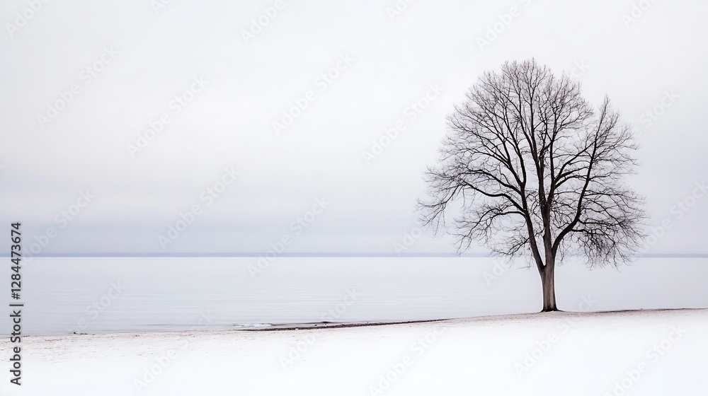Poster lonely tree by the calm lakeshore surrounded by soft white snow and a serene gray atmosphere : gener