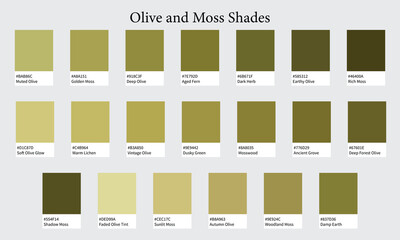 Color Palettes 20 Shades of Olive and Moss - Green, Warm, Military Colors - with HEX Codes and Names, Colour Swatches and Combinations