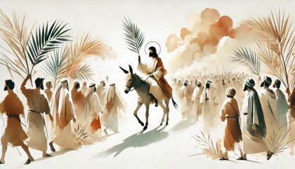 Biblical scene of Jesus riding into Jerusalem during Easter Week.
