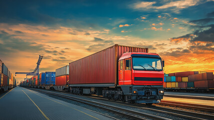 Fototapeta premium Global business of Container Cargo freight train for Business logistics concept, Air cargo trucking, Rail transportation and maritime shipping, Online goods orders worldwide. Container truck in ship