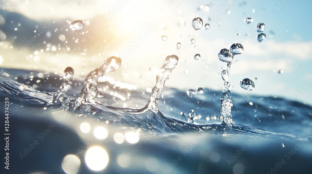 Poster dynamic water splash captured in natural sunlight emphasizing movement and freshness of aquatic envi