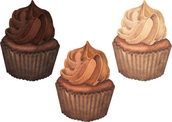 A traditional watercolor cupcake with a whipped cream isolated on a white background