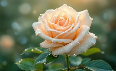 peach rose at dawn in drops of dew