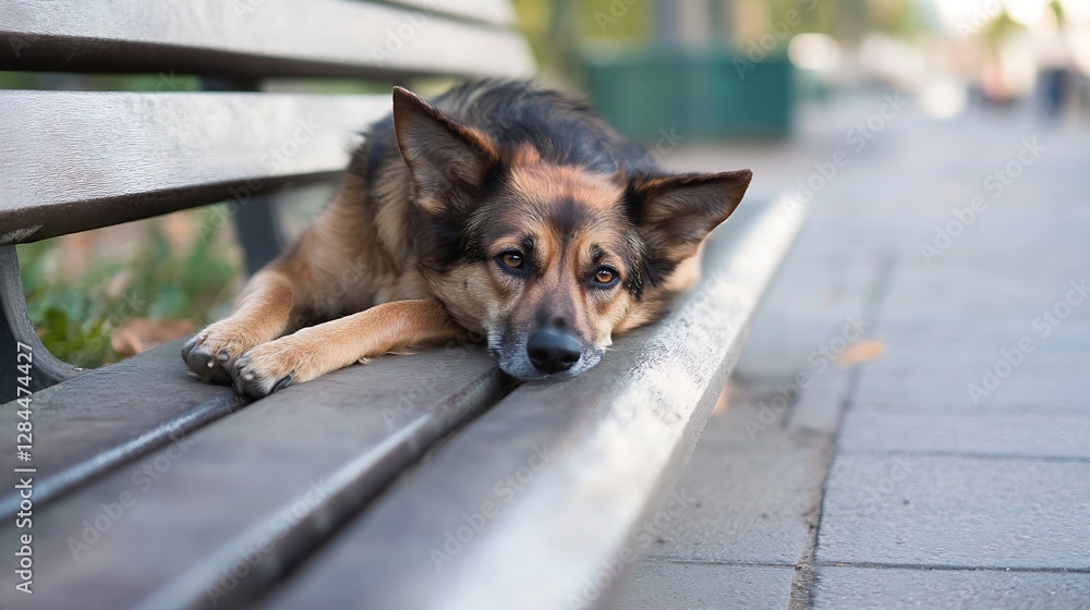 Leinwandbilder adorable dog resting on a park bench with a thoughtful expression in a serene outdoor setting : gene