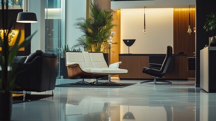 Modern Luxury Office Lounge Interior Design White Leather Chaise Lounge Comfortable Relaxing Space Elegant Minimalist Style Brown Wooden Accents      