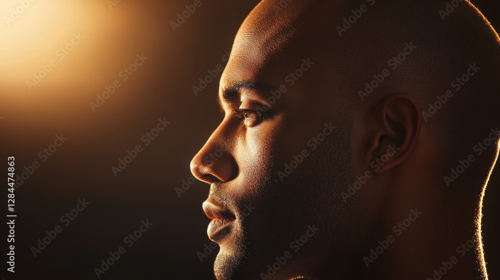 Poster a side view of a male with a bald head and defined features is softly illuminated by warm light. the