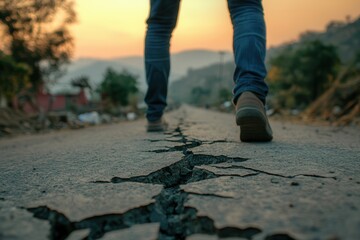 A close-up of a cracked and broken road after an earthquake . Detailed image of a rock displaying a cracked surface, highlighting the unique textures and geological features.