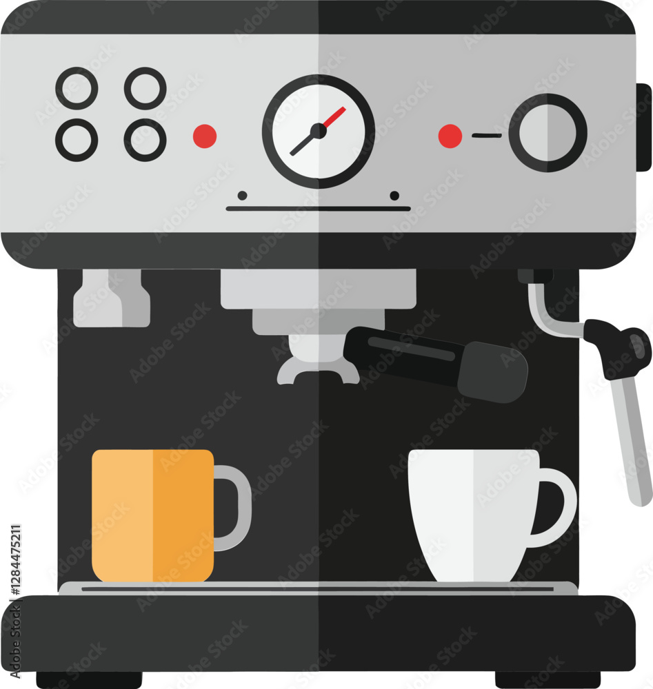 Poster espresso machine design with contrasting colors in flat vector art style showcasing brewing process 