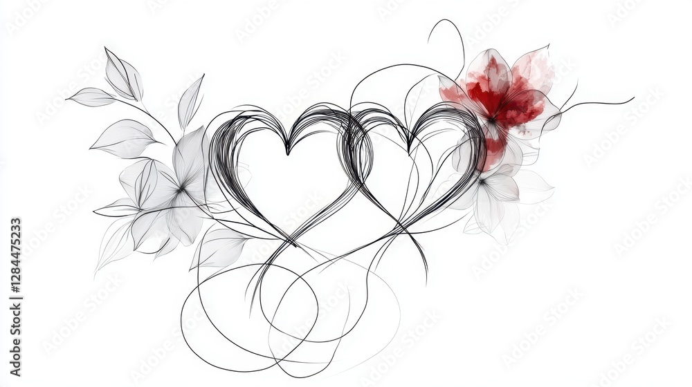 Poster delicate heart shapes form an elegant design intertwined with soft floral elements and flowing lines