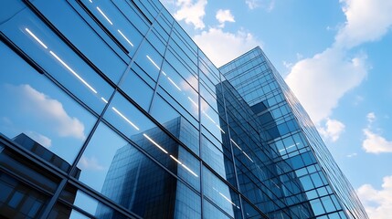 Obraz premium Reflective Glass Facade of a Modern Building Against a Bright Cloudy Sky : Generative AI