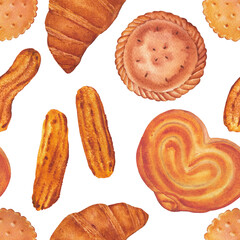 Seamless watercolor pattern of various sweet baked goods, such as pancakes, buns, churros, cookies, pies, croissants