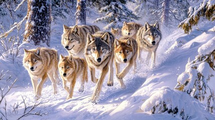 Naklejka premium A group of wolves strides through a snowy forest, their fur blending with the winter landscape. Pine trees stand tall around them as they move gracefully across the white terrain