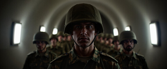 Serious soldiers in dark military transport aircraft